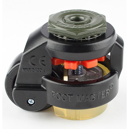 Foot Master Leveling Caster, 50 mm Nylon Wheel, M12x1.75P Stem, Swivel, 280 kg Cap, PU Foot Pad, Black GD-60-S-NYN-CUR-FBL